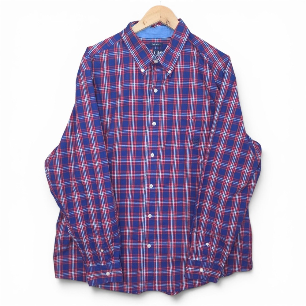 Chaps Shirt Mens XXL 2XL Blue‎ Red Plaid Button Down Cotton Blend Easy Care